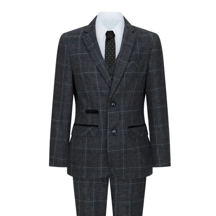 Boys Grey Black 3 Piece Tweed Suit Herringbone Wine Vintage Retro - Image 1