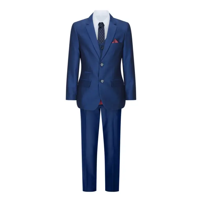 Boys 3 Piece Shiny Blue Wedding Party Suit Tailored Fit Smart Formal - Image 2