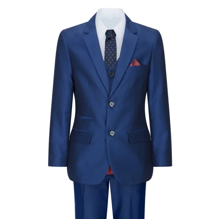 Boys 3 Piece Shiny Blue Wedding Party Suit Tailored Fit Smart Formal - Image 1