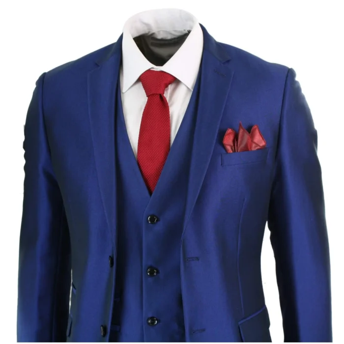 Mens 3 Piece Shiny Blue Wedding Prom Party Suit Tailored Fit Smart Formal - Image 3