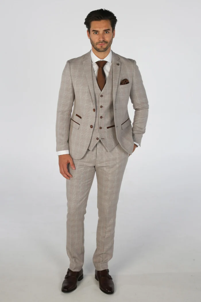 Men's Suit Beige 3 Piece Checked Tailored Fit Formal Dress - Image 2