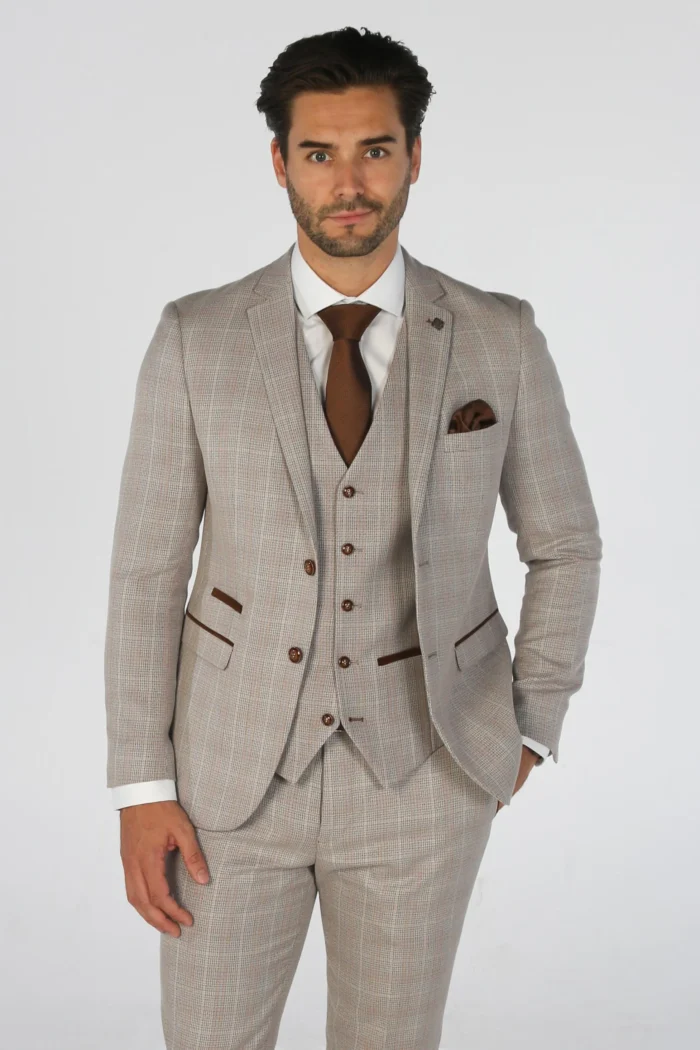 Men's Suit Beige 3 Piece Checked Tailored Fit Formal Dress - Image 1