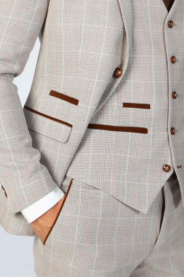Men's Suit Beige 3 Piece Checked Tailored Fit Formal Dress - Image 3