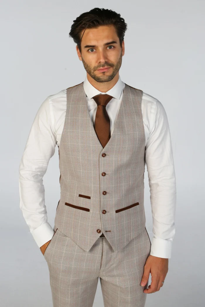 Men's Suit Beige 3 Piece Checked Tailored Fit Formal Dress - Image 5