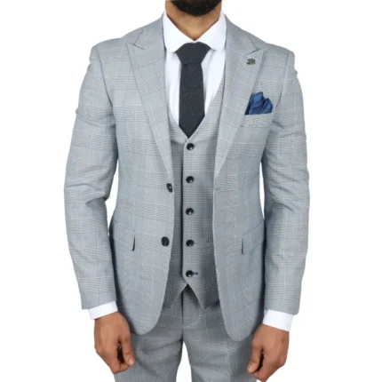 Men's Suit Blue 3 Piece Tweed Check Wedding Prom Tailored Fit