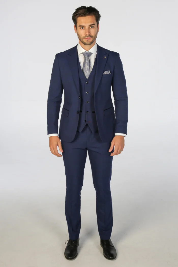 Men's Suit Navy Blue 3 Piece Checked Tailored Fit Formal Dress - Image 2