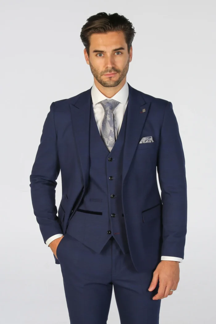 Men's Suit Navy Blue 3 Piece Checked Tailored Fit Formal Dress - Image 1