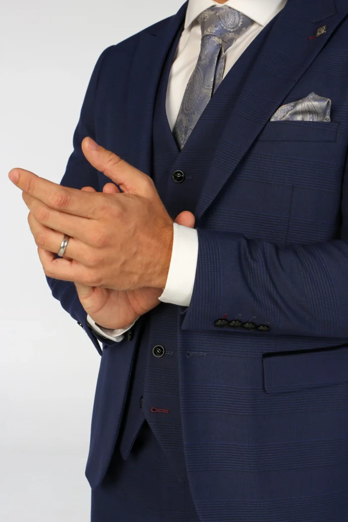 Men's Suit Navy Blue 3 Piece Checked Tailored Fit Formal Dress - Image 4