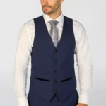 Men's Suit Navy Blue 3 Piece Checked Tailored Fit Formal Dress - Image 5