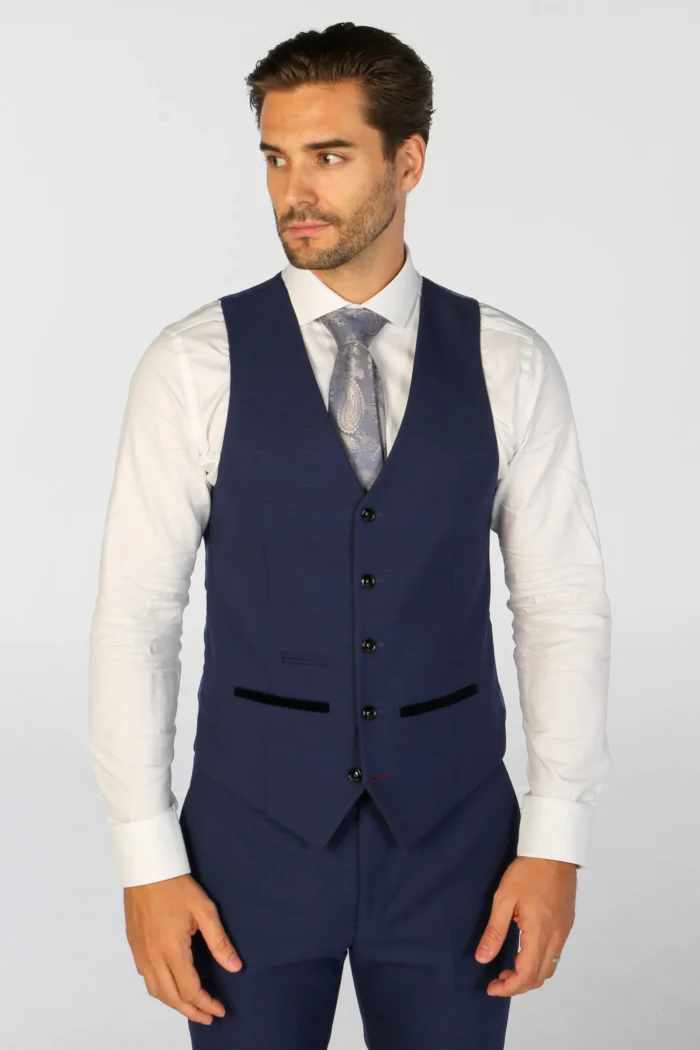 Men's Suit Navy Blue 3 Piece Checked Tailored Fit Formal Dress - Image 5