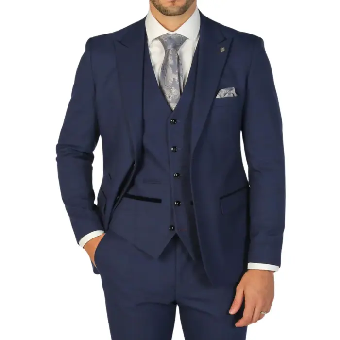 Men's Blazer Navy Blue Checked Tailored Fit Formal Suit Jacket - Image 1
