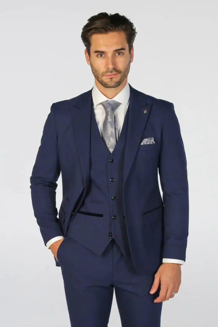 Men's Blazer Navy Blue Checked Tailored Fit Formal Suit Jacket - Image 2