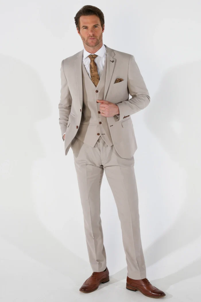 Men's Suit 3 Piece Beige Classic Birdseye Summer Wedding - Image 2