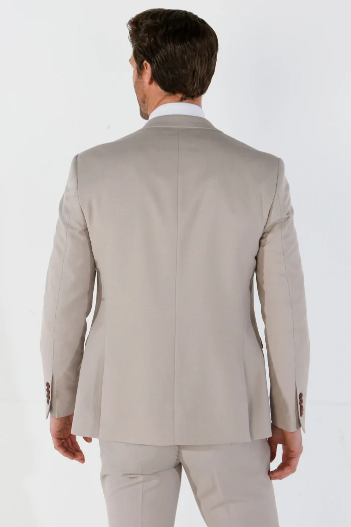 Men's Suit 3 Piece Beige Classic Birdseye Summer Wedding - Image 9