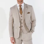 Men's Suit 3 Piece Beige Classic Birdseye Summer Wedding