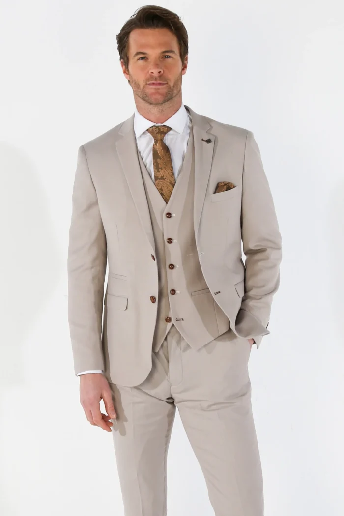 Men's Suit 3 Piece Beige Classic Birdseye Summer Wedding - Image 1