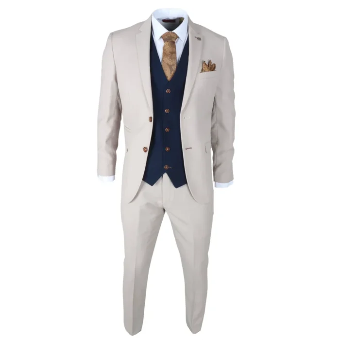 Men's Suit Cream Navy 3 Piece Classic Birdseye Wedding Grooms - Image 2