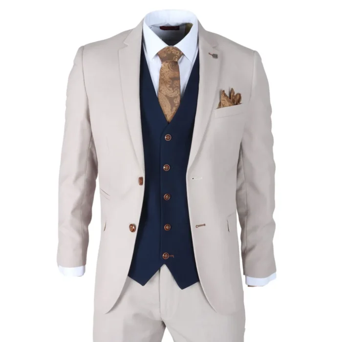 Men's Suit Cream Navy 3 Piece Classic Birdseye Wedding Grooms - Image 1