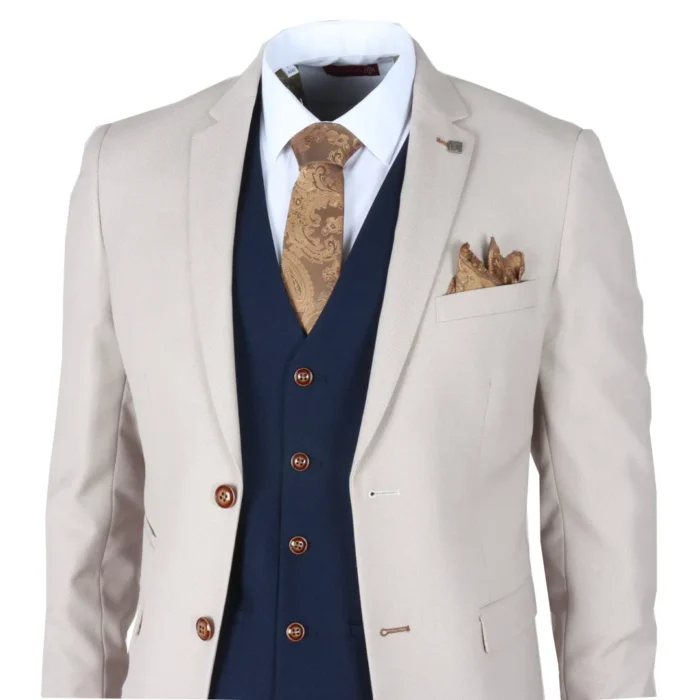Men's Suit Cream Navy 3 Piece Classic Birdseye Wedding Grooms - Image 3