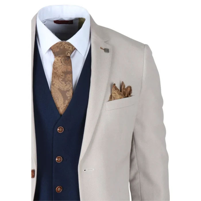 Men's Suit Cream Navy 3 Piece Classic Birdseye Wedding Grooms - Image 4