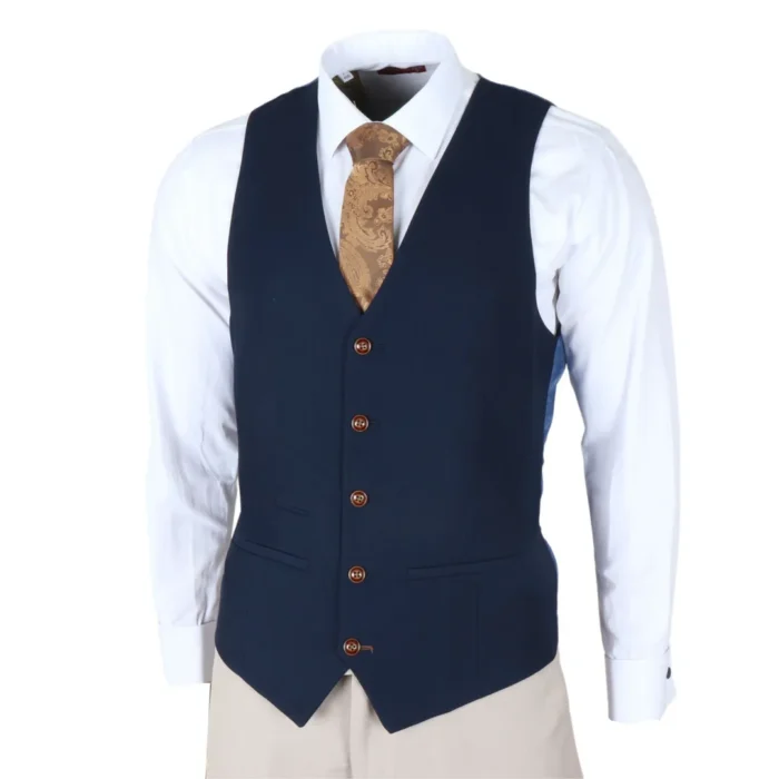 Men's Suit Cream Navy 3 Piece Classic Birdseye Wedding Grooms - Image 5