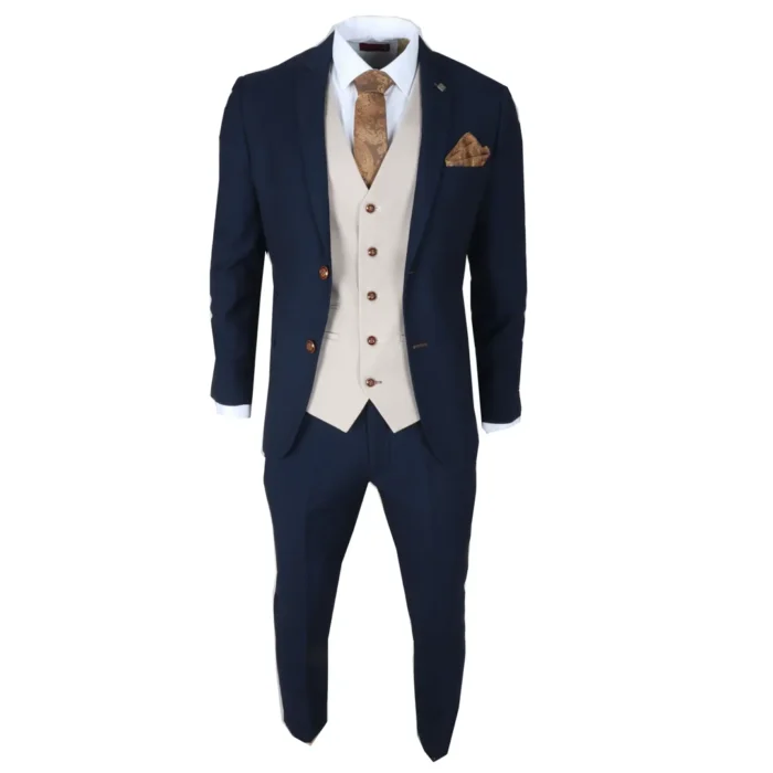 Men's Suit Navy Cream 3 Piece Classic Birdseye Wedding Grooms - Image 2