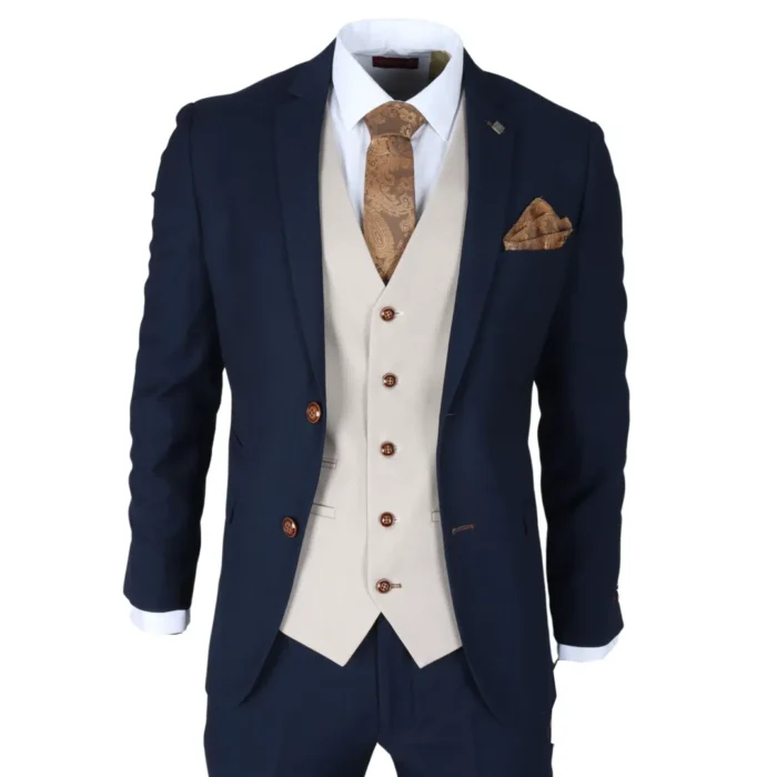 Men's Suit Navy Cream 3 Piece Classic Birdseye Wedding Grooms - Image 1
