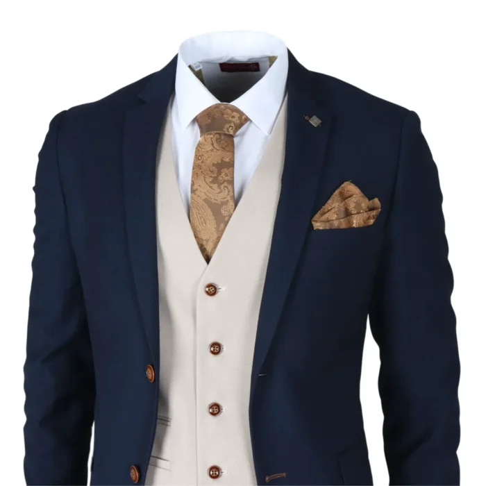 Men's Suit Navy Cream 3 Piece Classic Birdseye Wedding Grooms - Image 3
