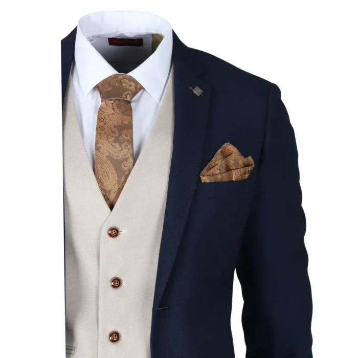 Men's Suit Navy Cream 3 Piece Classic Birdseye Wedding Grooms - Image 4
