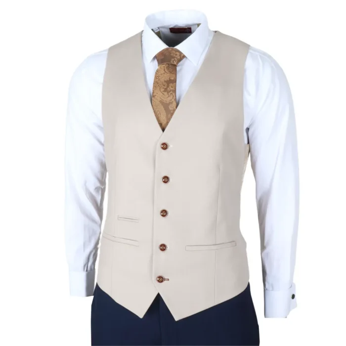 Men's Suit Navy Cream 3 Piece Classic Birdseye Wedding Grooms - Image 5