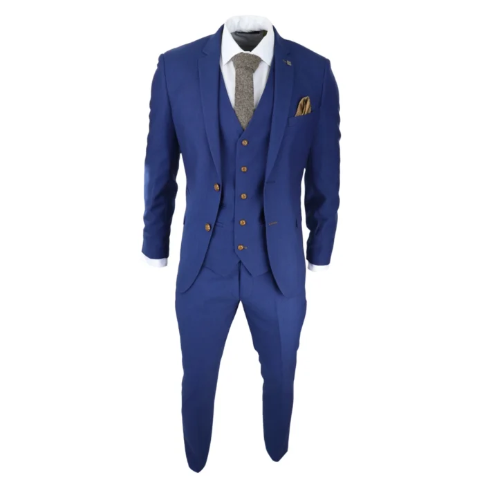 Mens Royal Blue 3 piece Suit Brown Trim Classic Birdseye Vintage Wedding Grooms - Image 2