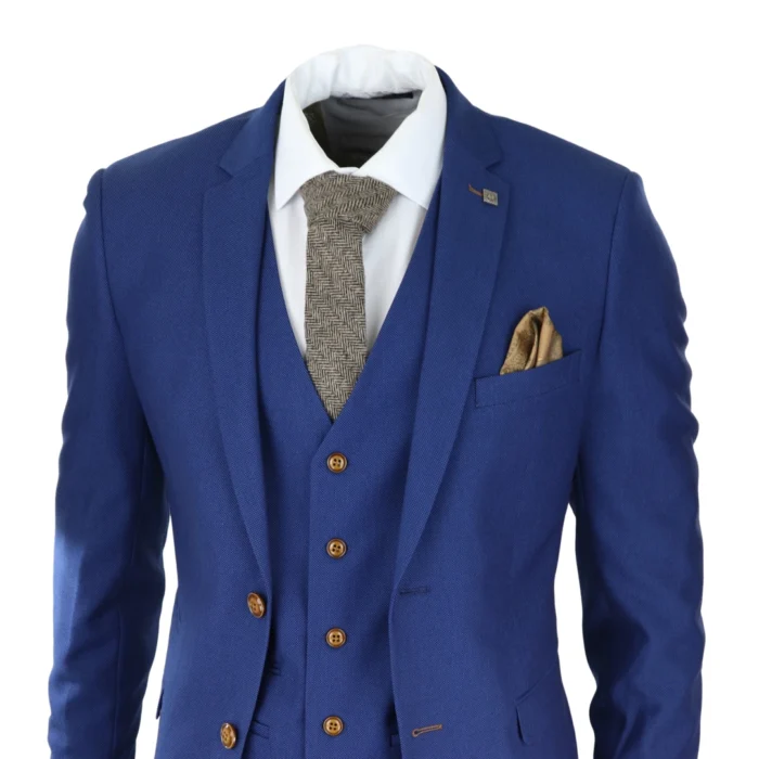 Mens Royal Blue 3 piece Suit Brown Trim Classic Birdseye Vintage Wedding Grooms - Image 3