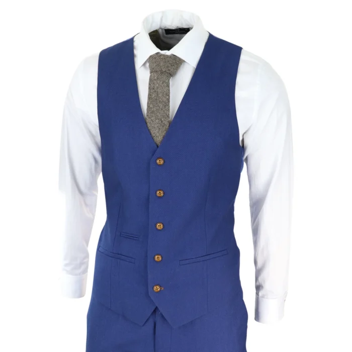 Mens Royal Blue 3 piece Suit Brown Trim Classic Birdseye Vintage Wedding Grooms - Image 5