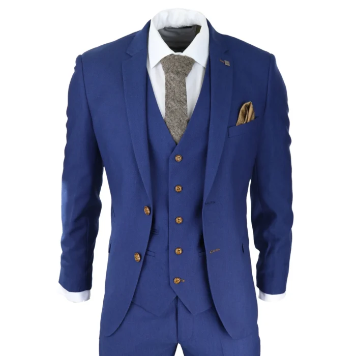 Mens Royal Blue 3 piece Suit Brown Trim Classic Birdseye Vintage Wedding Grooms - Image 1