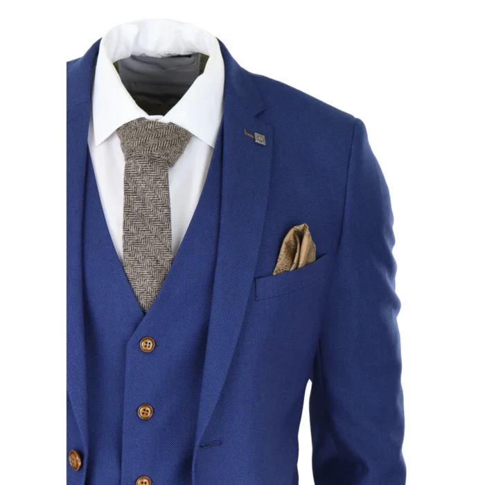 Mens Royal Blue 3 piece Suit Brown Trim Classic Birdseye Vintage Wedding Grooms - Image 4