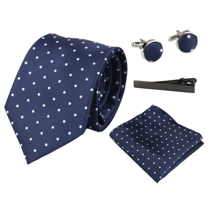 Dotted Neck Tie Gift Set Pocket Square Cuff Links Tie Pin Polka Dot Satin - Image 4