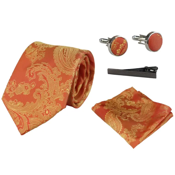Paisley Neck Tie Gift Set Pocket Square Cuff Links Tie Floral Satin - Image 25