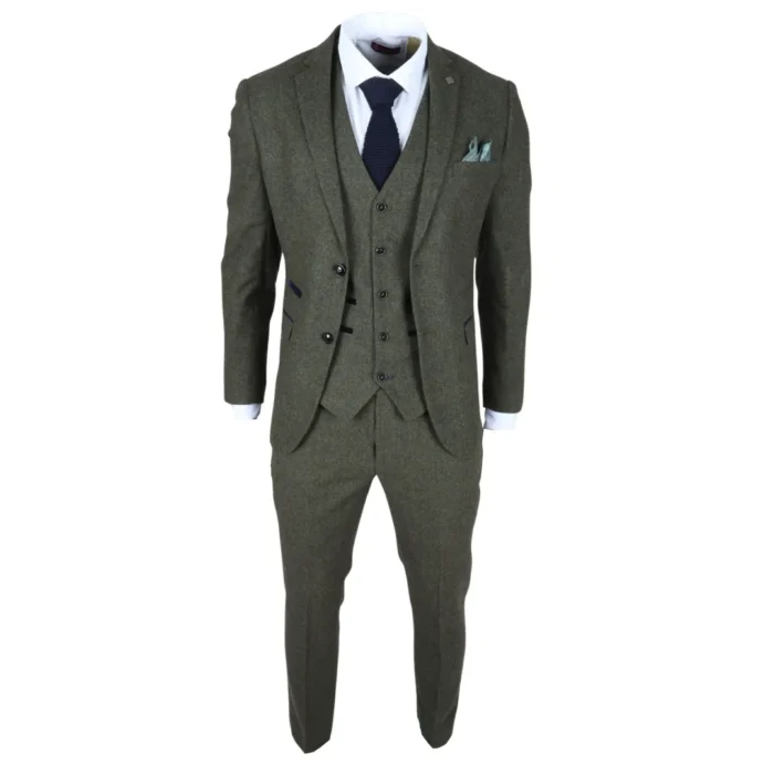 Men's Suit 3 Piece Olive Green Wool Blend Tweed Tailored Fit Formal Dress - Image 3