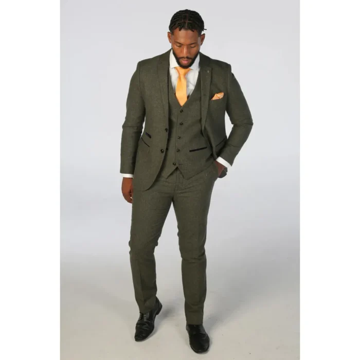 Men's Suit 3 Piece Olive Green Wool Blend Tweed Tailored Fit Formal Dress - Image 2