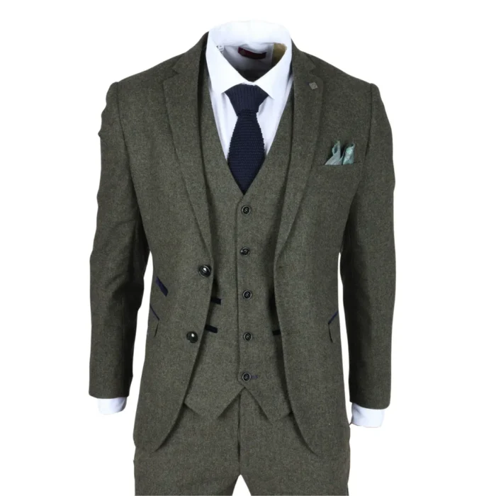Men's Suit 3 Piece Olive Green Wool Blend Tweed Tailored Fit Formal Dress - Image 1