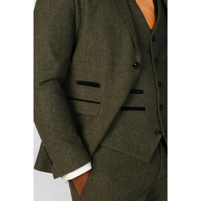 Men's Suit 3 Piece Olive Green Wool Blend Tweed Tailored Fit Formal Dress - Image 4