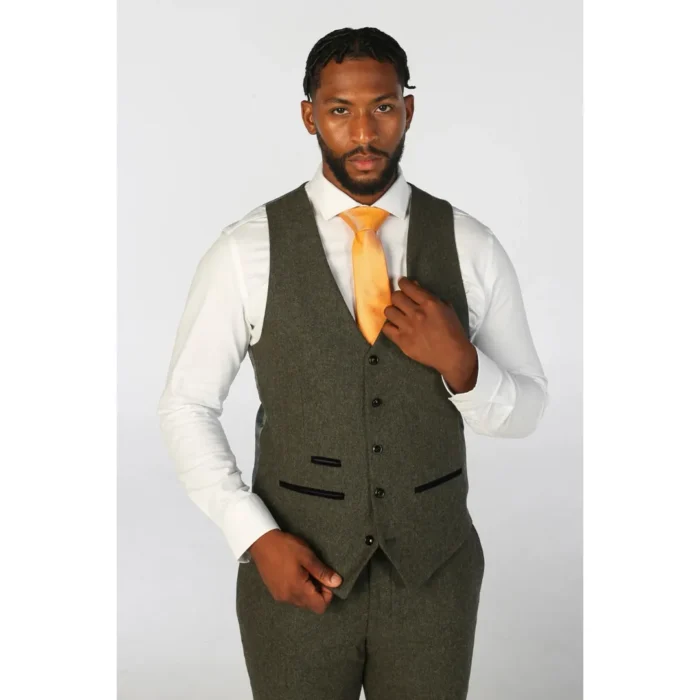 Men's Suit 3 Piece Olive Green Wool Blend Tweed Tailored Fit Formal Dress - Image 5