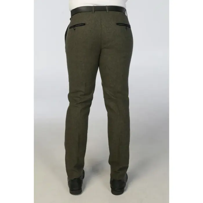 Men's Trousers Olive Green Wool Blend Tweed Casual Formal Pants - Image 2