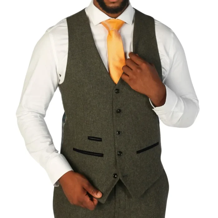 Men's Waistcoat Olive Green Wool Blend Tweed Tailored Fit Vest - Image 1