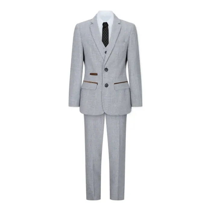 Boys 3 Piece Suit Cream Beige Tweed Check Vintage Retro Tailored Fit 1920s - Image 2