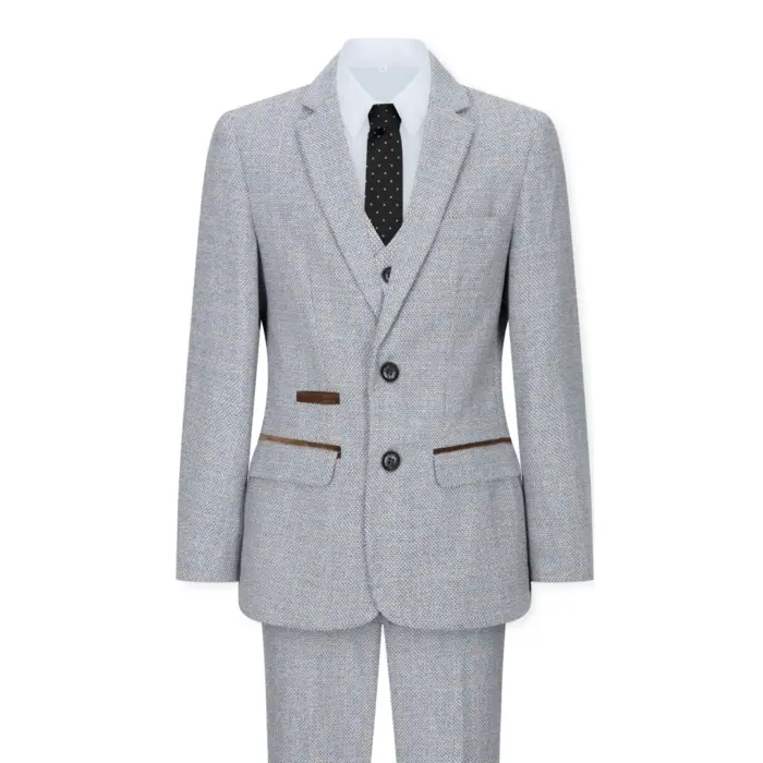 Boys 3 Piece Suit Cream Beige Tweed Check Vintage Retro Tailored Fit 1920s - Image 1