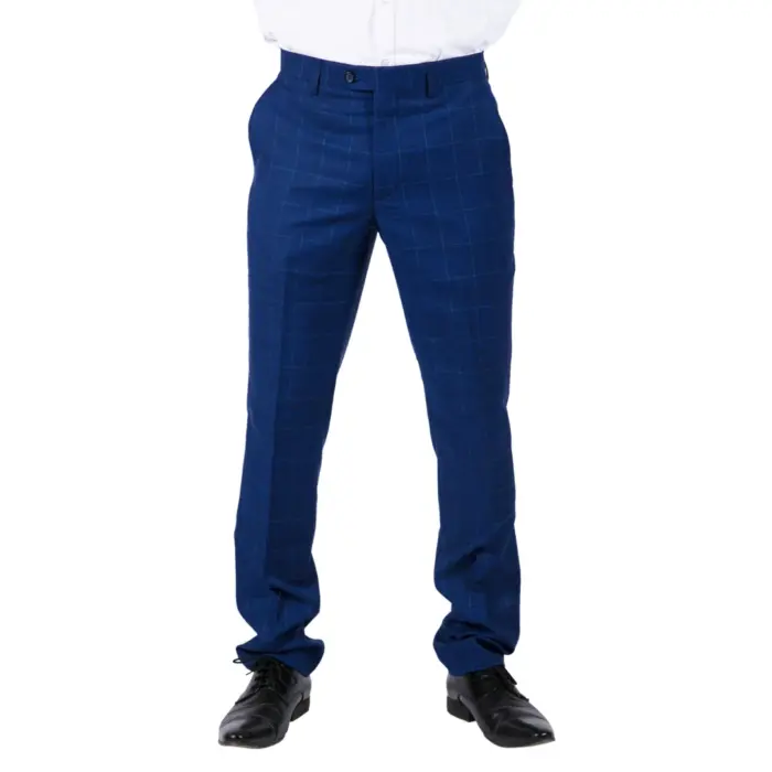 Mens Classic Trousers Tweed Check Retro 1920s Gatsby Blinders Blue Wedding - Image 1