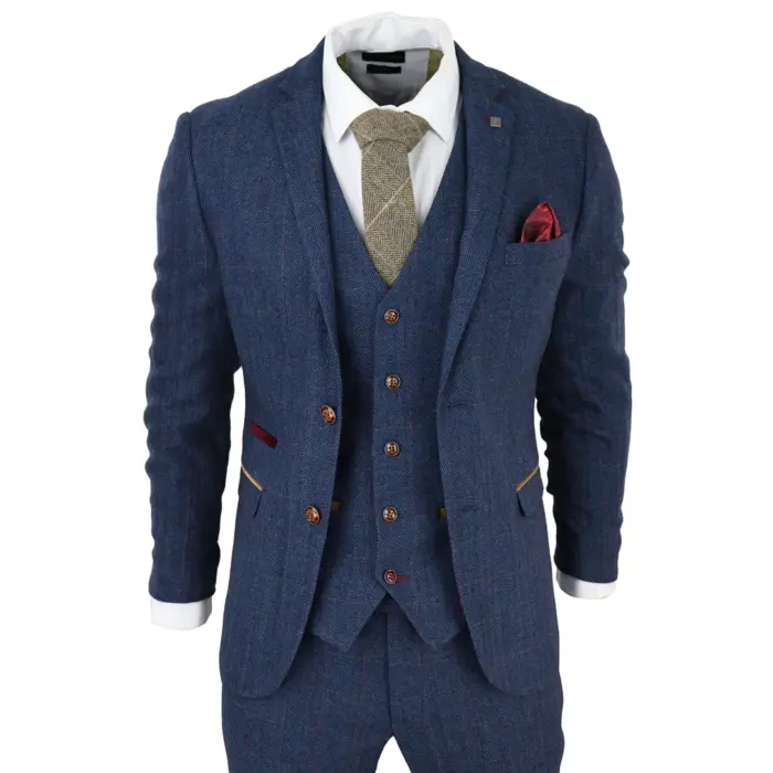 Mens Blue Blazer Herringbone Tweed Checked Formal Suit Jacket - Image 1