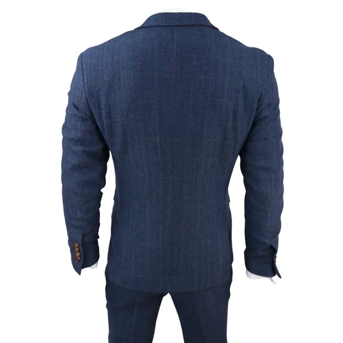 Mens Blue Blazer Herringbone Tweed Checked Formal Suit Jacket - Image 2