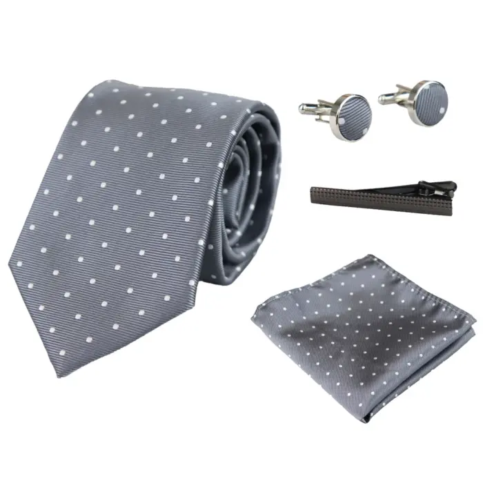 Dotted Neck Tie Gift Set Pocket Square Cuff Links Tie Pin Polka Dot Satin - Image 7